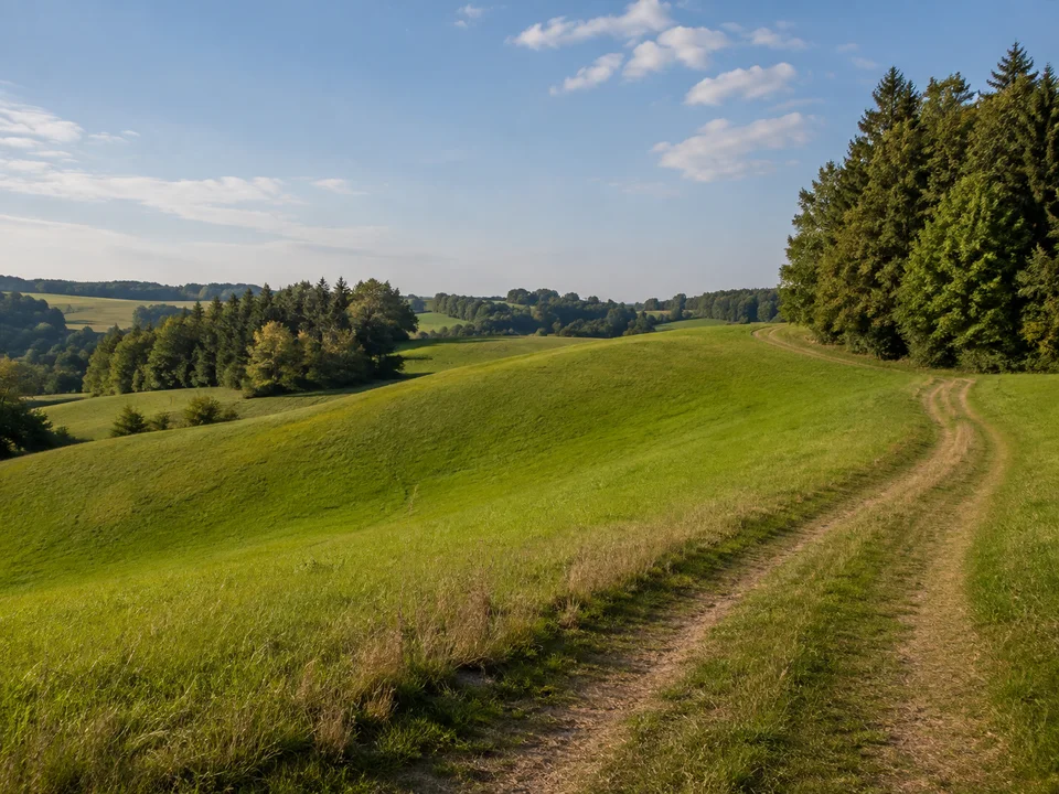 Aschering bei Pöcking: sanfte grüne Wiesenhügel, ländlicher Feldweg und Waldinseln
