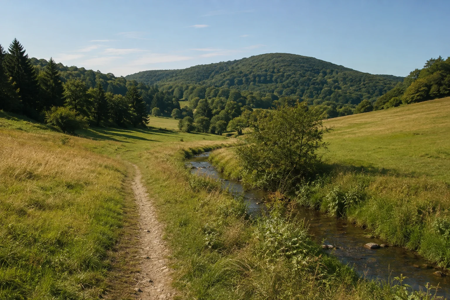 Poppenhausen (Wasserkuppe): Lüttertal bei Poppenhausen: grünes Tal mit kleinem Bach, Wiesenweg und runden bewaldeten Kuppen.