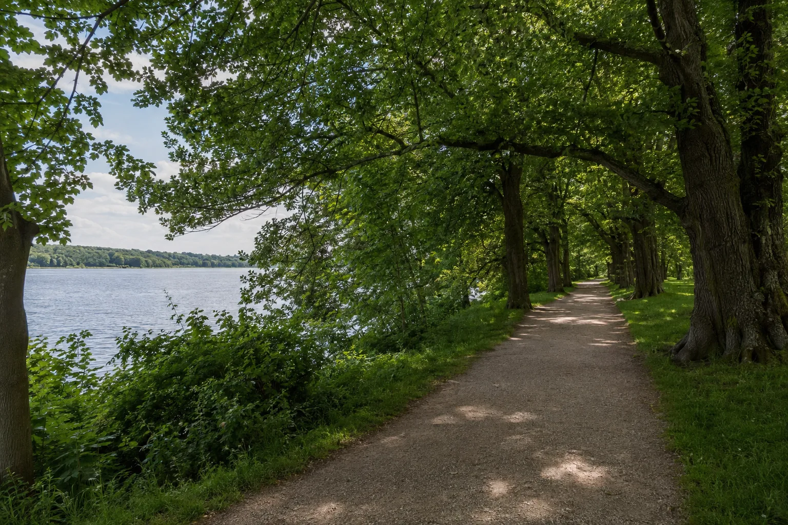 Babelsberg: öffentlicher Parkweg mit altem Baumbestand und Seeufer