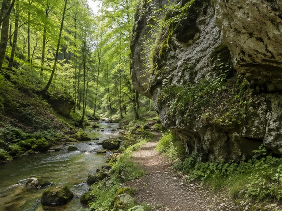 Püttlachtal: schattiger Bachweg zwischen Kalkfelsen