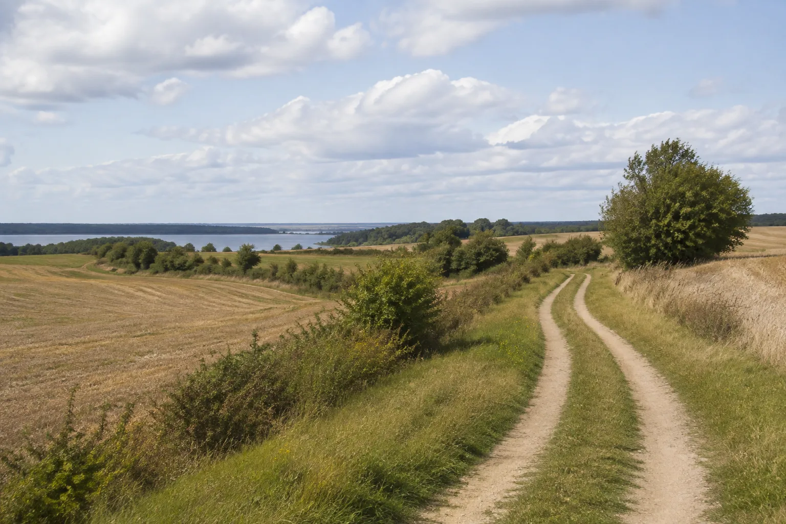 Seelübber Feldlandschaft: sanft hügeliger Feldweg mit Hecken am östlichen Unteruckersee