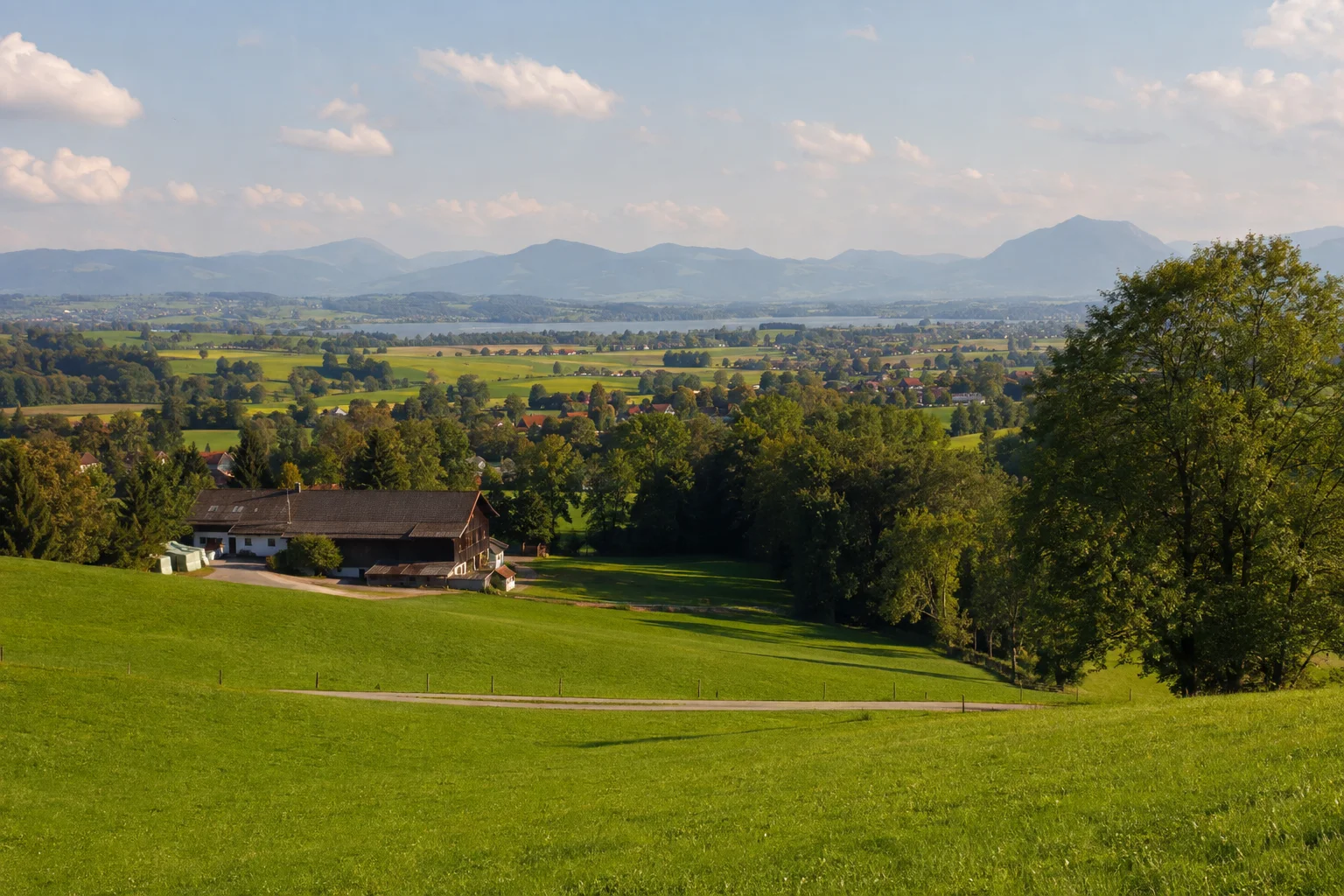 Prutdorf: welliges Grünland am bewaldeten Priental mit verstreuten oberbayerischen Höfen