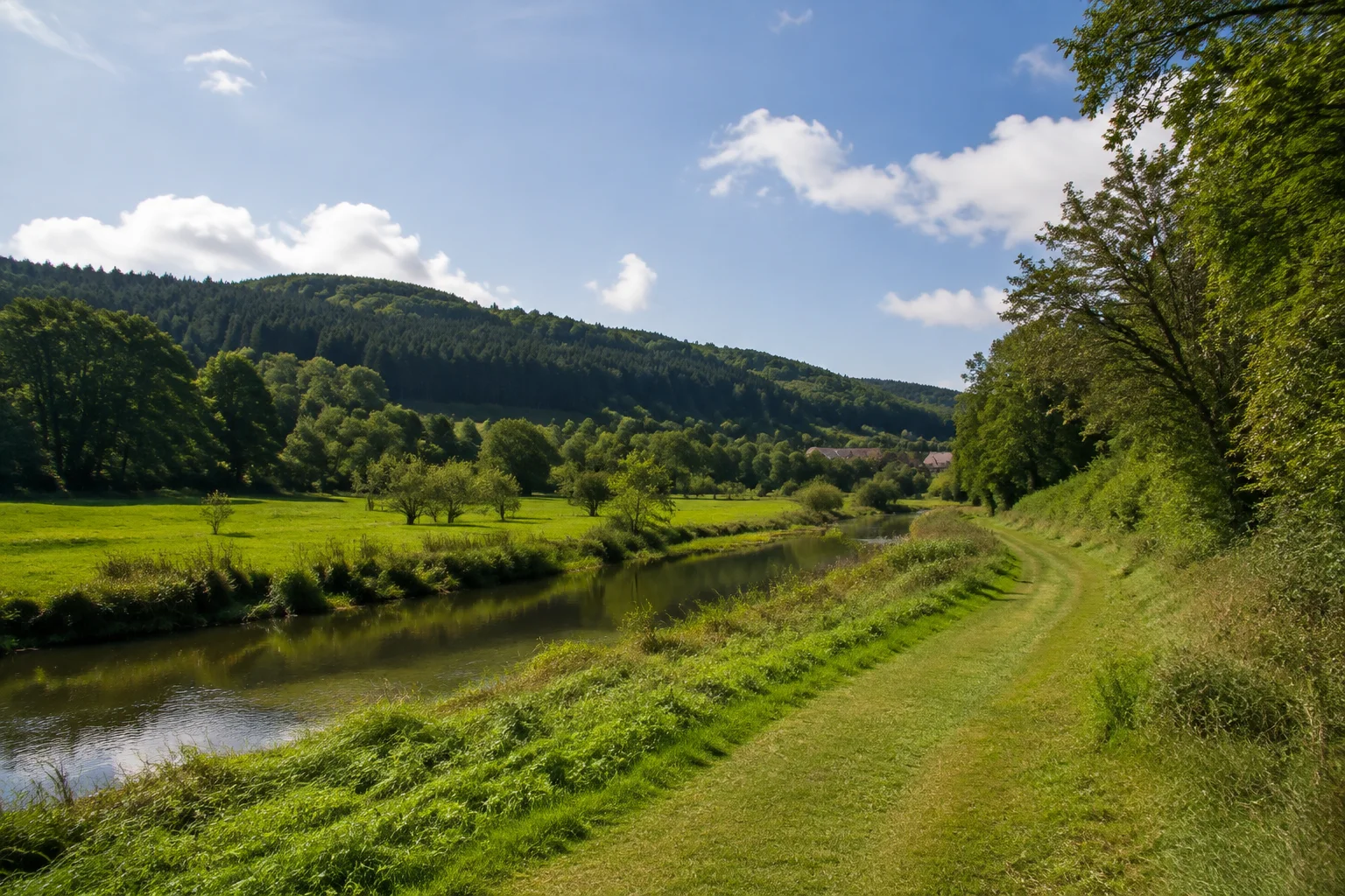 Prüm: Prümer Talrand: grüner Wanderweg zwischen Flusswiesen und dunklen bewaldeten Eifelhängen, einzelne Dächer in der Ferne.