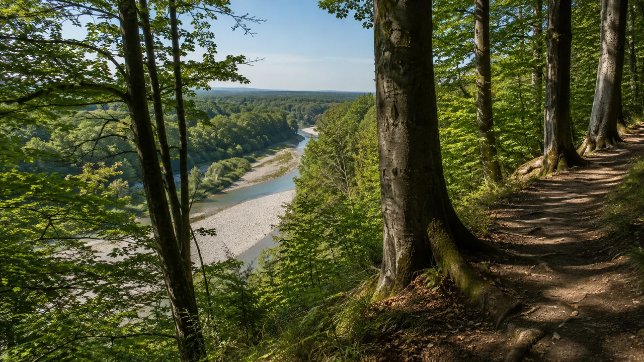 Pullach im Isartal: Großhesselohe Isartalbahnhof: Pullacher Isarhochufer: hohe Buchen am Terrassenrand, tief unten breiter Kiesfluss, Blick durch Laubbäume vom sicheren Weg