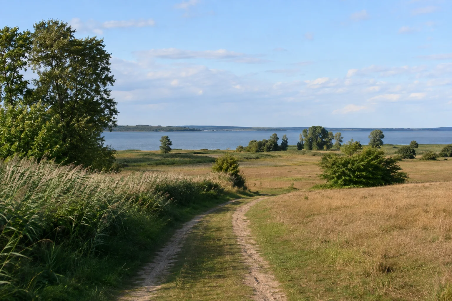 Altkamper Wiesen: offener landseitiger Feldweg mit Schilf, Baumgruppen und entferntem Boddenwasser