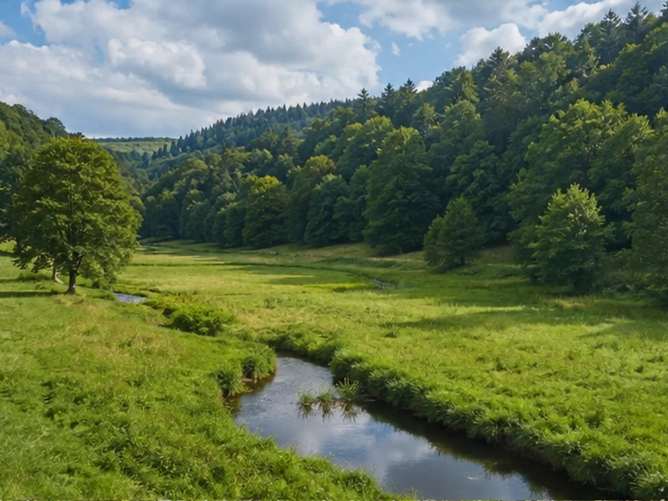Offenes Bachtal: Wiese und Bach zwischen Waldhängen