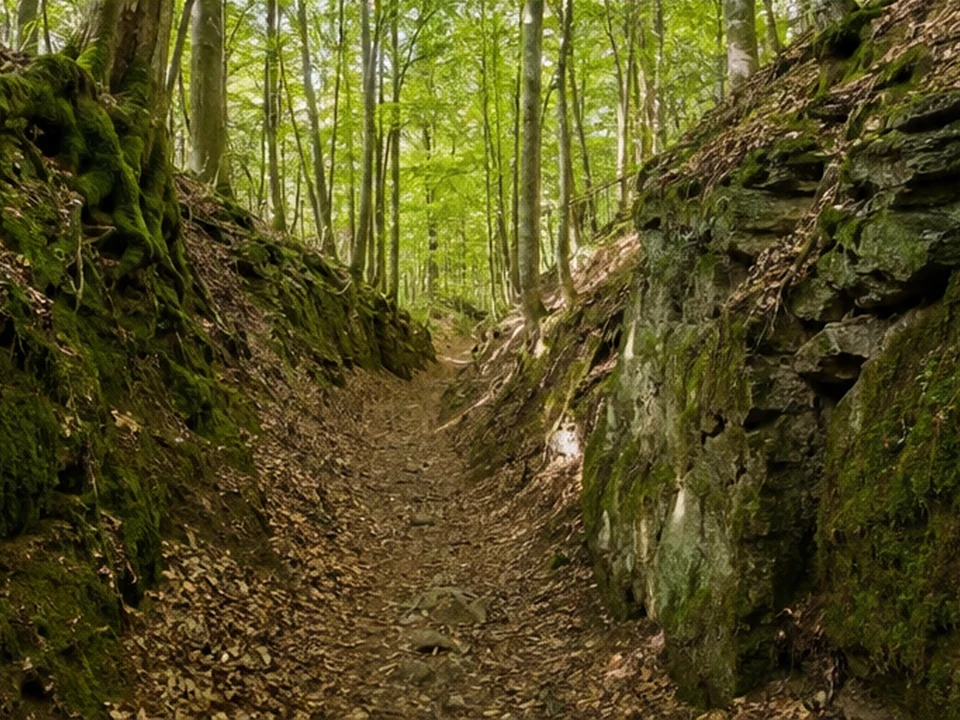 Historischer Hohlweg: tief eingeschnittener Sandsteinweg