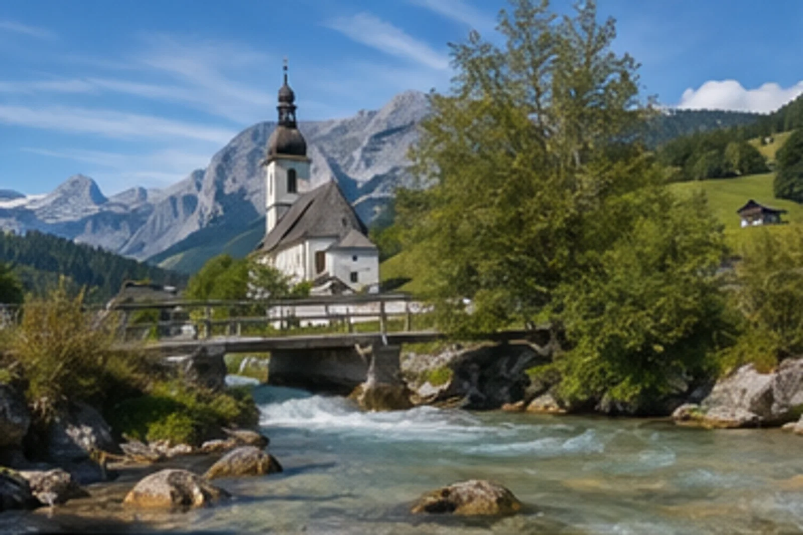 Ramsau bei Berchtesgaden: Ramsau bei Berchtesgaden: Ramsauer Ache: klarer Gebirgsbach, Pfarrkirche und Reiteralpe