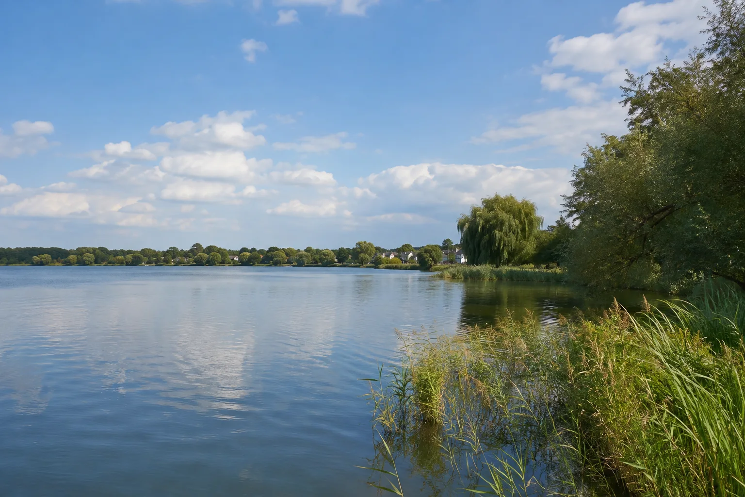 Schilfgesäumter Hohennauener See mit dörflichem Ufer.