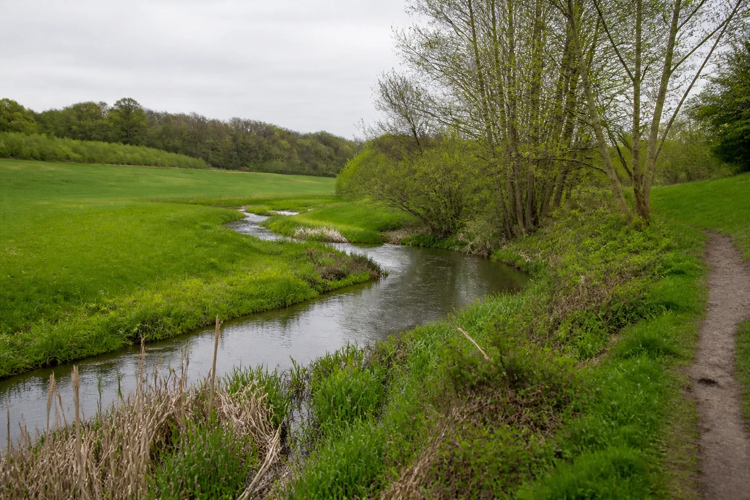 Schmaler Wiesenpfad am mäandernden Schwarzbach bei Ratingen-Homberg