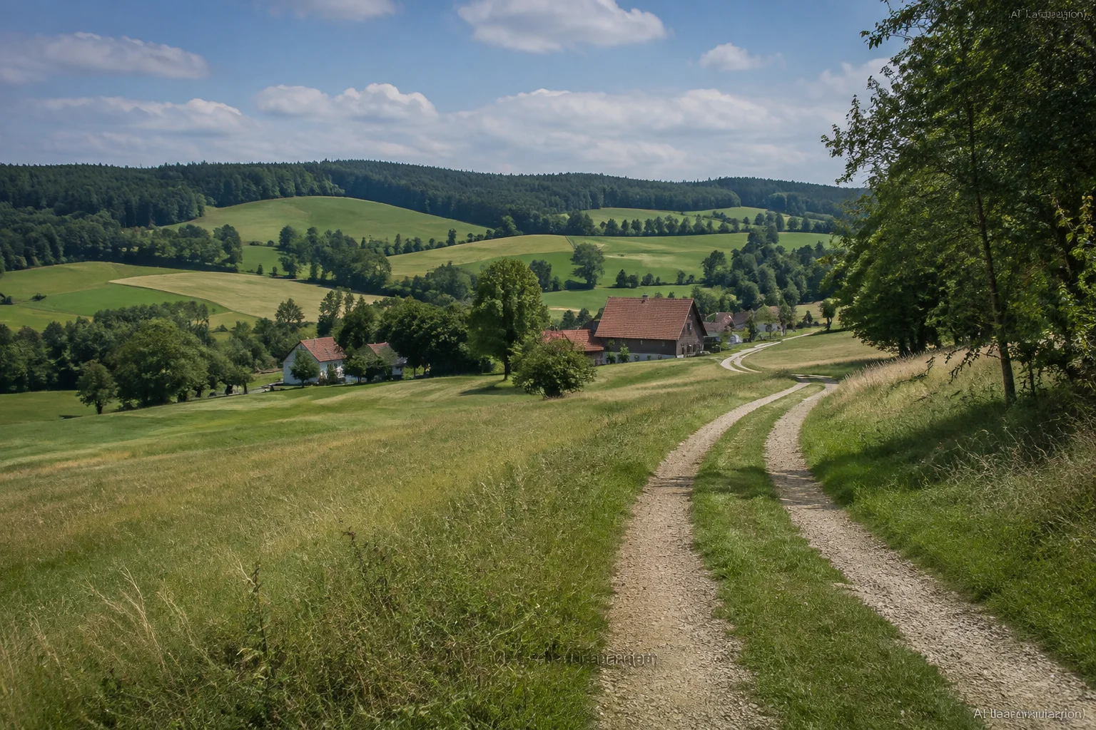 Marcher Fluren: Feldweg durch wellige Wiesen mit verstreuten Hofdächern und dunklem Wald am Horizont.
