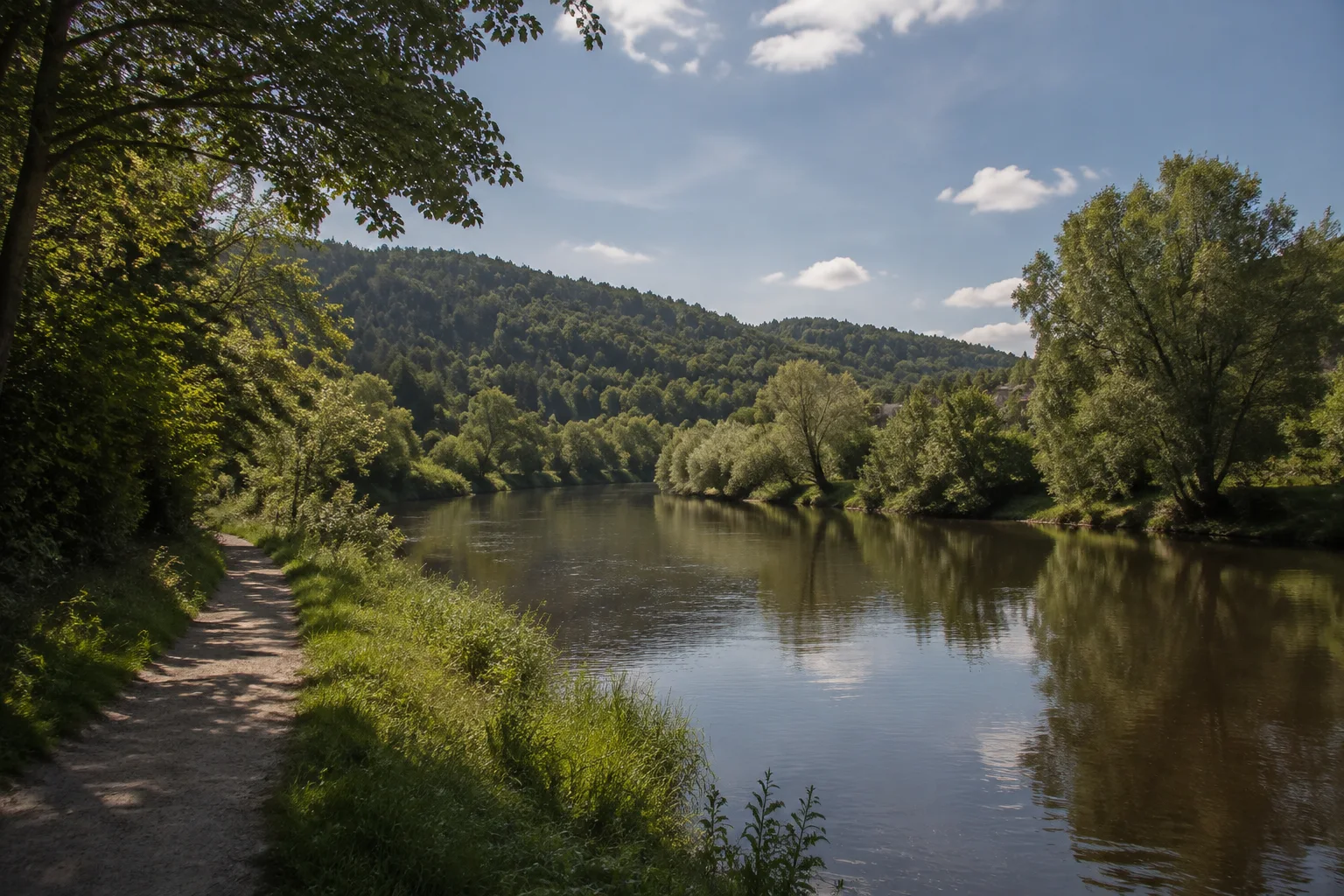 Regen: Schwarzer Regen: breiter ruhiger Fluss am grünen Regener Stadtrand, Laubbäume und niedrige Waldhänge.