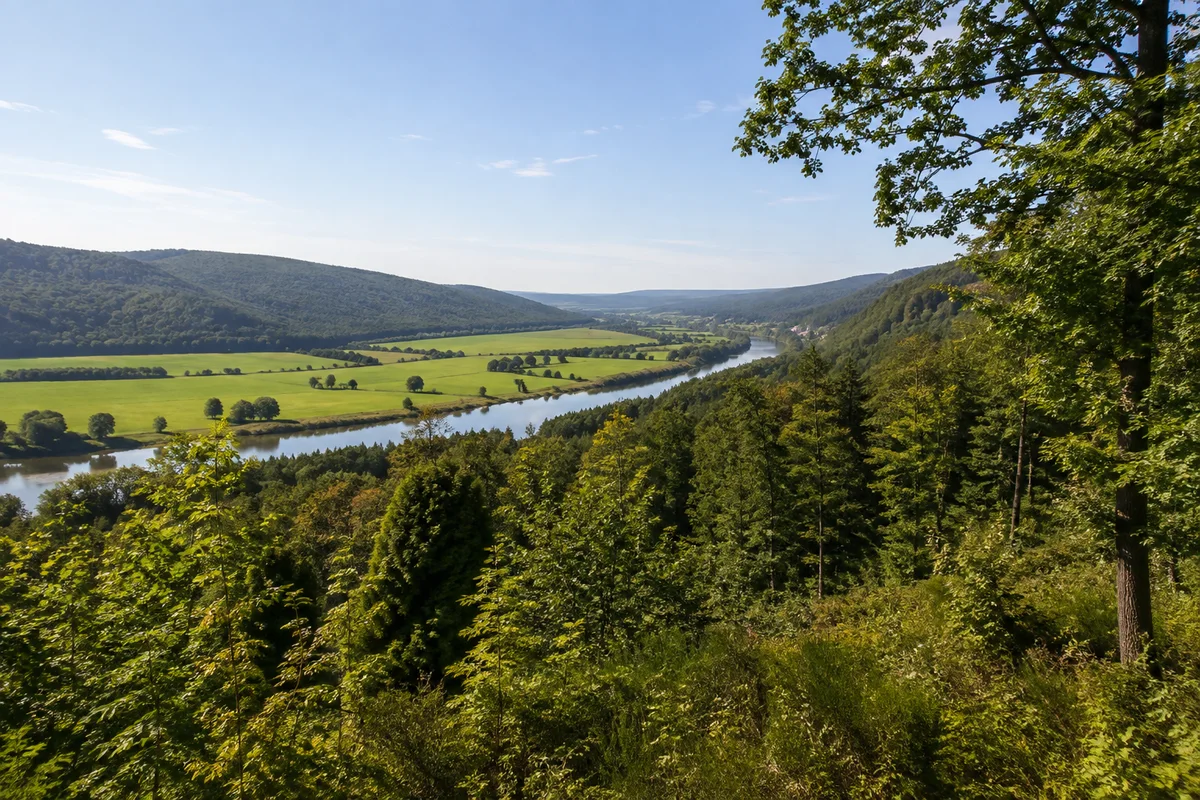 Gieselwerder: Blick vom bewaldeten Hang auf die Weser und flache Wiesen im schmalen Tal