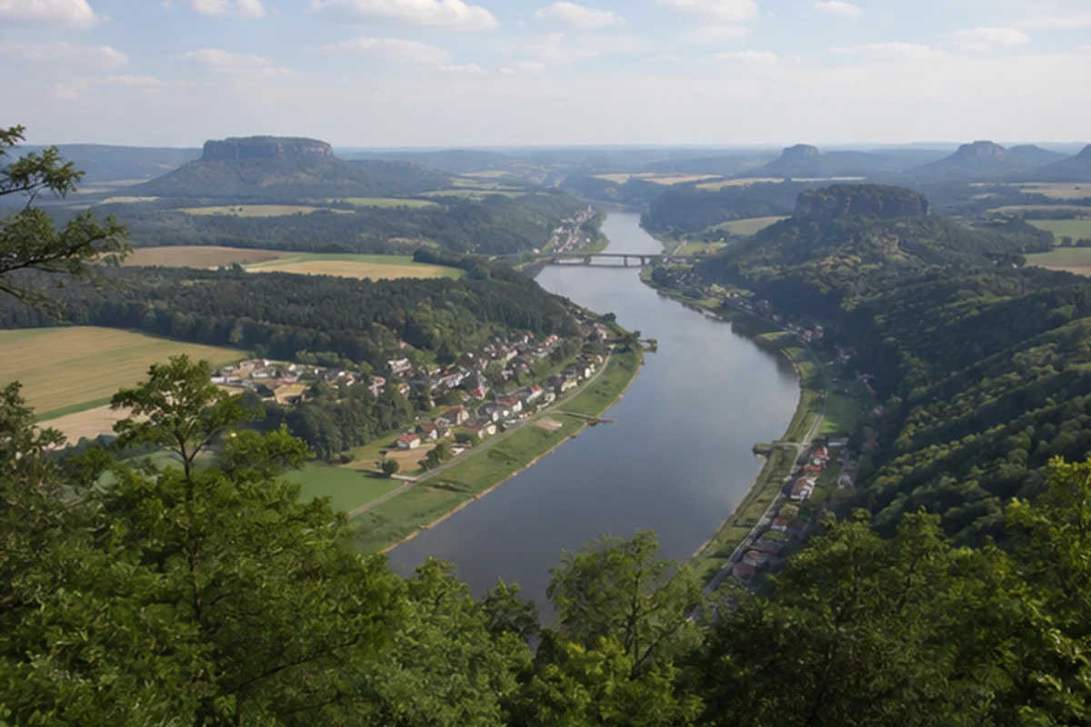 Elbtal-Tafelberge: nördliche Fernsicht über Fluss und Felsplateaus