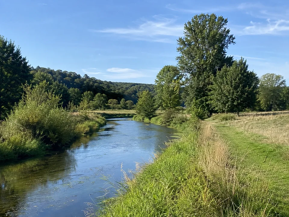 Remsaue bei Schorndorf: Kleiner ruhiger Fluss mit Uferbäumen und breiten grünen Wiesen im besiedelten Tal ohne erfundene Gebäude