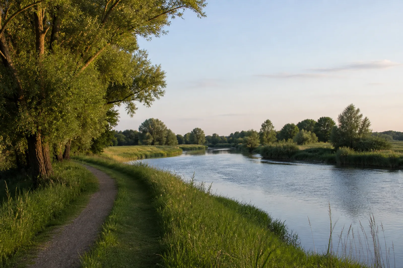 Uferweg an der Ems zwischen Wiesen und Weiden in Rheine