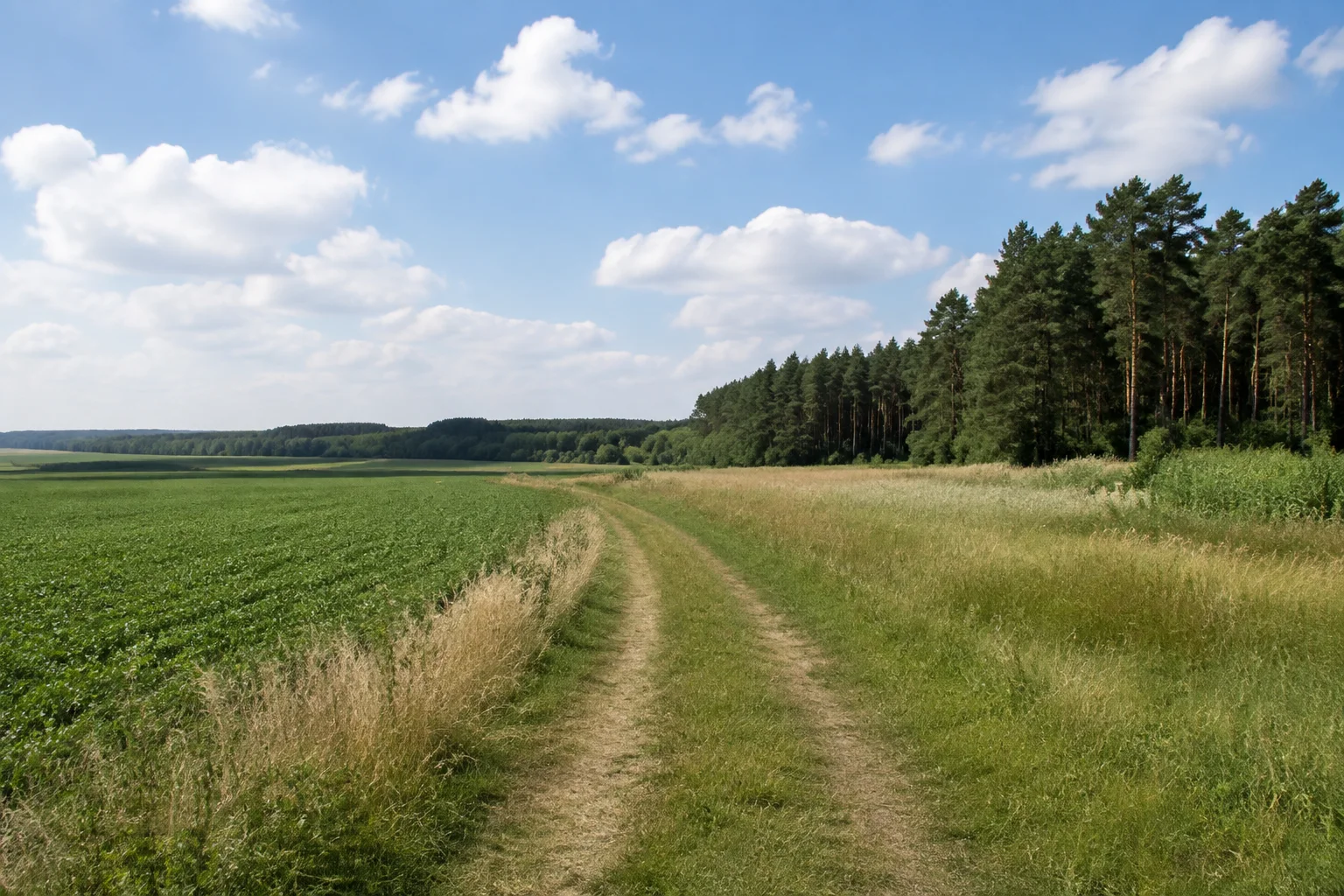 Linower Feldflur: flacher bis sanft gewellter Wiesenweg zwischen Feldern und märkischen Kiefernwäldern