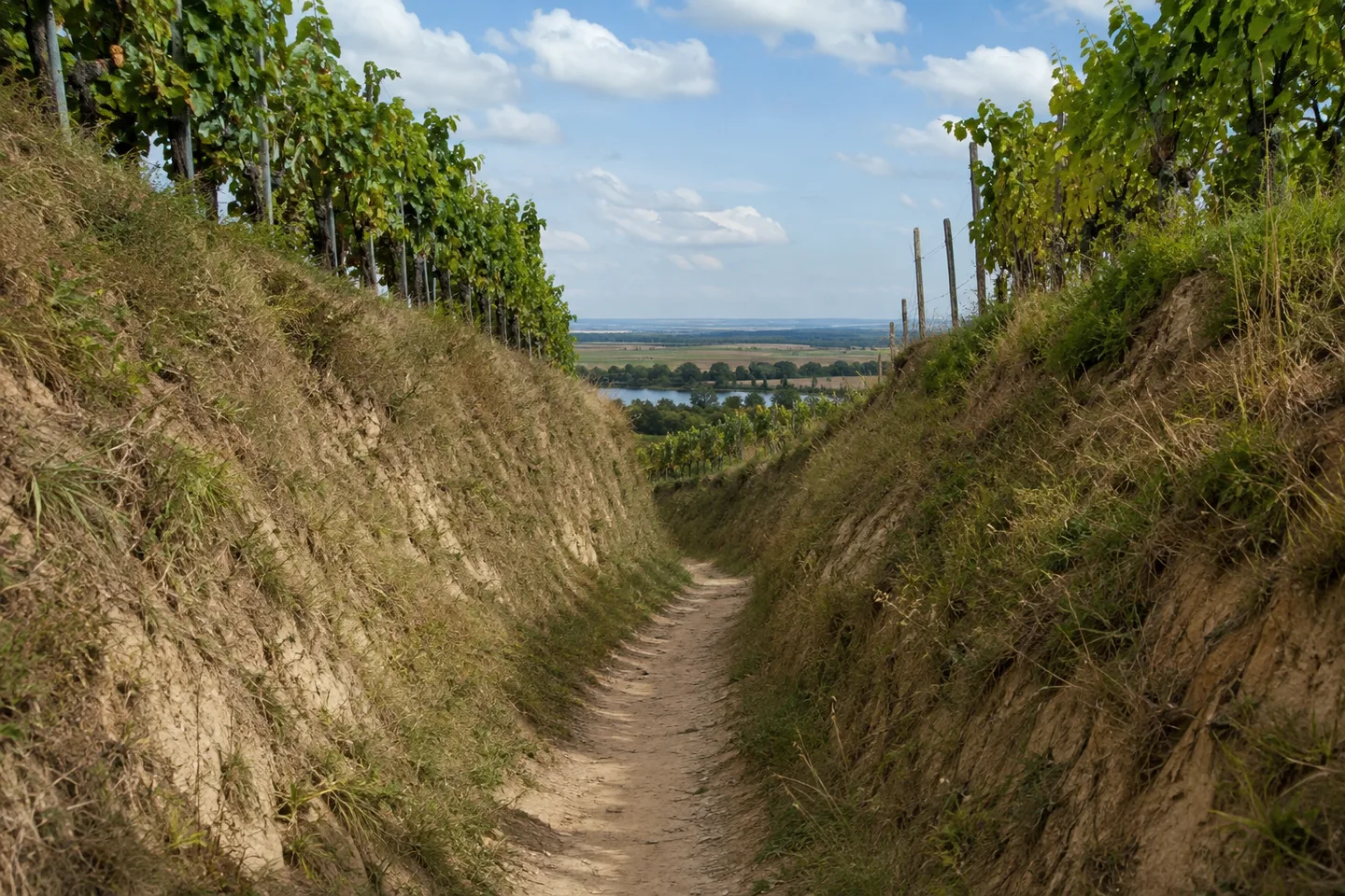 Lösshohlweg bei Guntersblum zwischen Reben mit grasigen Böschungen.