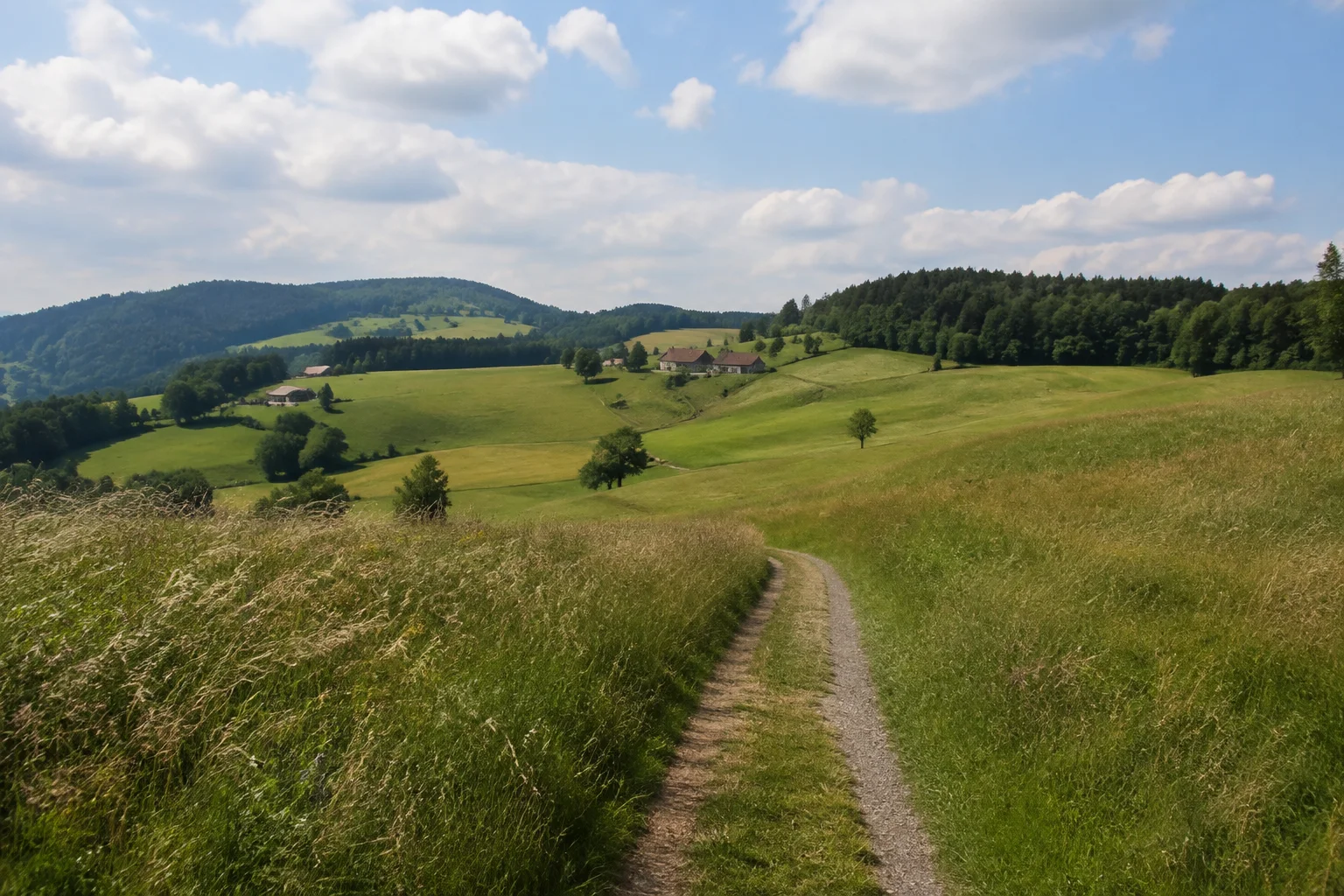 Kasberger Fluren: schmaler Feldweg über eine Wiesenhöhe mit kleinen Hofgruppen und bewaldetem Horizont.