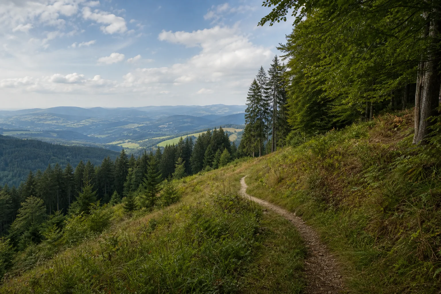 Gehmannsberger Waldhang: Weg an einer ansteigenden Wiese mit Fichten-Buchen-Wald und weitem Mittelgebirgsblick.