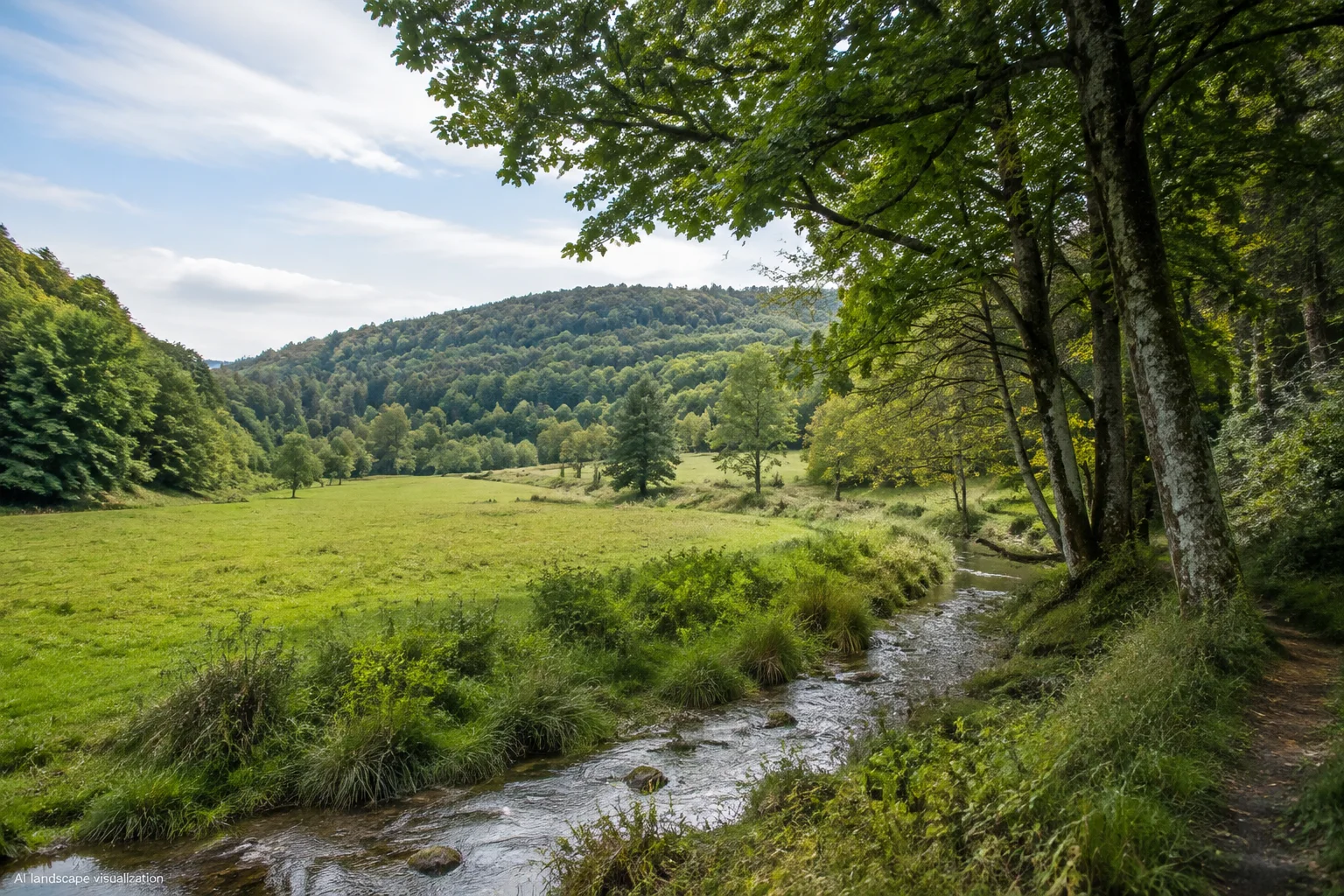 Rinchnach: Rinchnacher Tal: kleiner Wiesenbach unter Laubbäumen, sanfte Waldhügel hinter dem offenen Tal.
