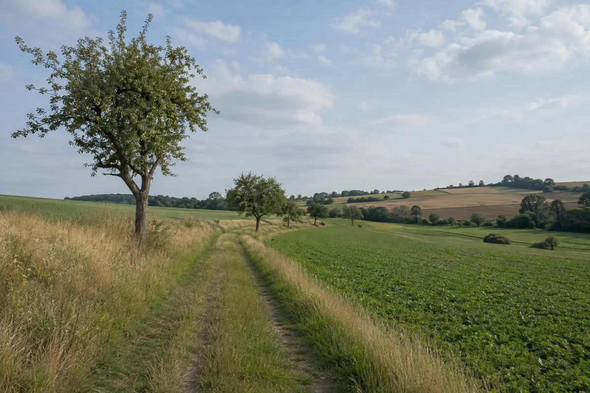 Breitenborn bei Rochlitz: wellige Felder und einzelne Obstbäume entlang schmalem Feldweg