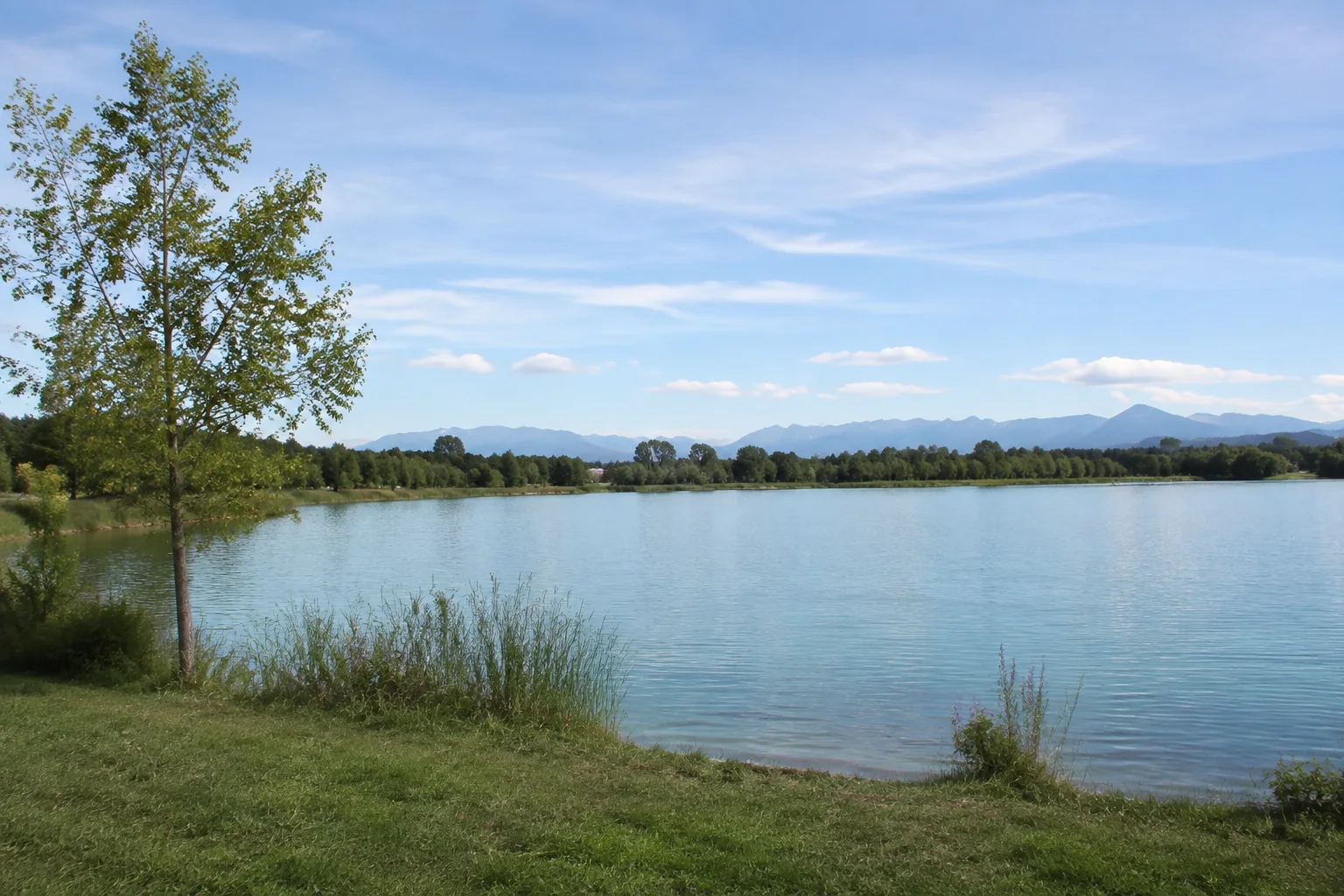 Happing: flacher Badesee mit grünen Ufern und niedrigem Alpenpanorama in der Ferne