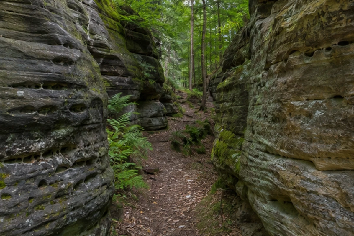 Sandsteingründe: enger Waldpfad zwischen gegliederten Felswänden