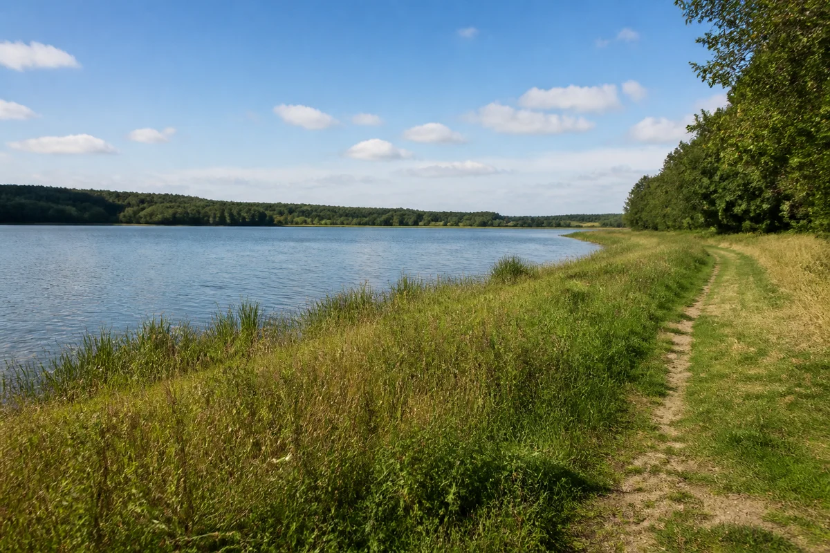 Rothsee nahe Birkach mit breitem Wasser, sanftem Wiesenufer und niedrigem Waldhorizont, keine Berge.