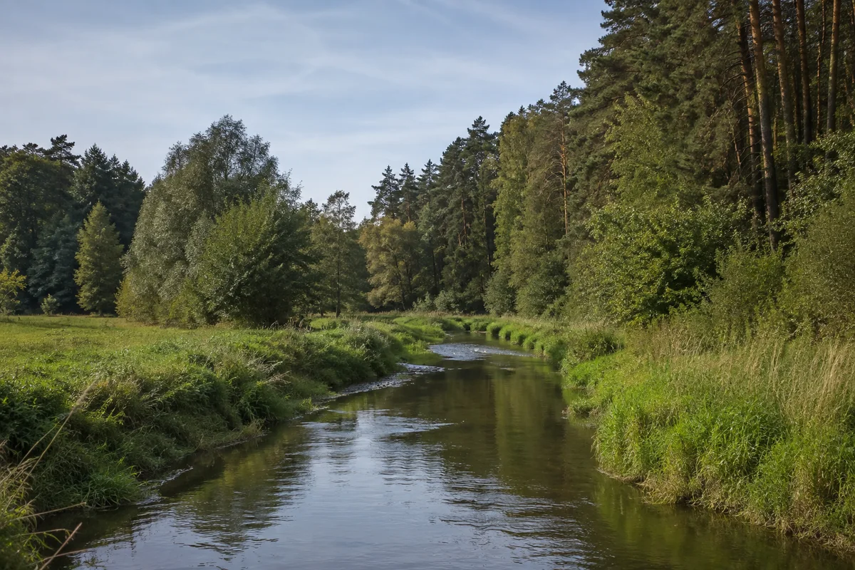 Roth: Schmale Aurach bei Rothaurach in flachem Wiesental, Ufergehölze und Kiefernwald im Hintergrund.