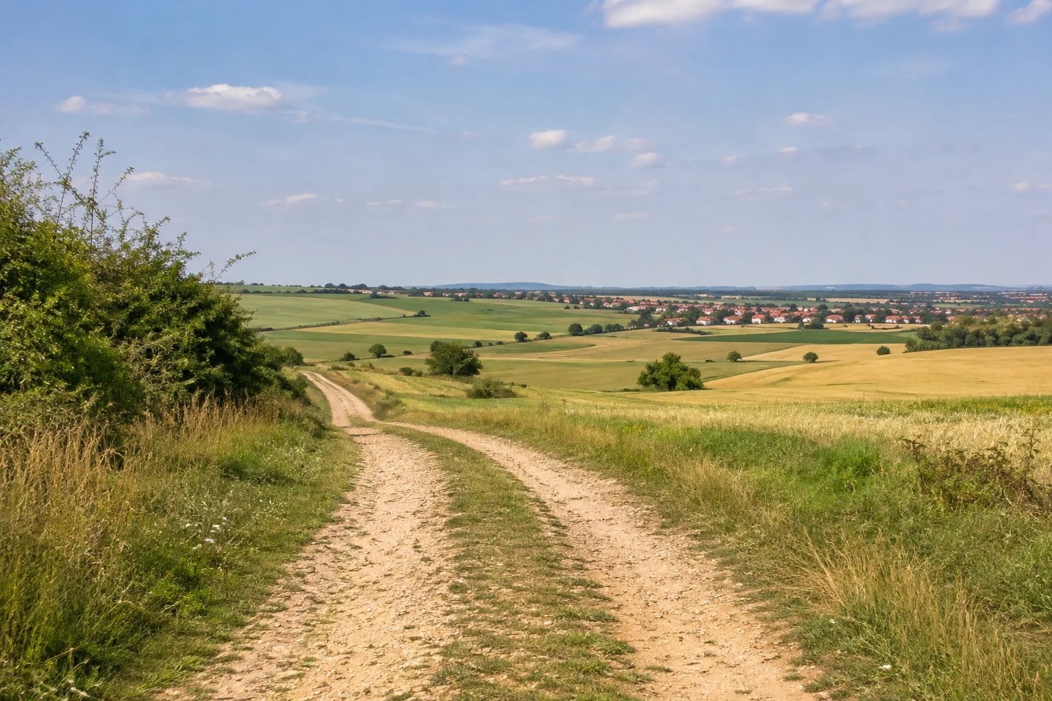 Bettenfelder Hochfläche: breiter Feldweg durch offene Wiesen und Äcker mit lockeren Hecken und weit entfernten Dorfhäusern.