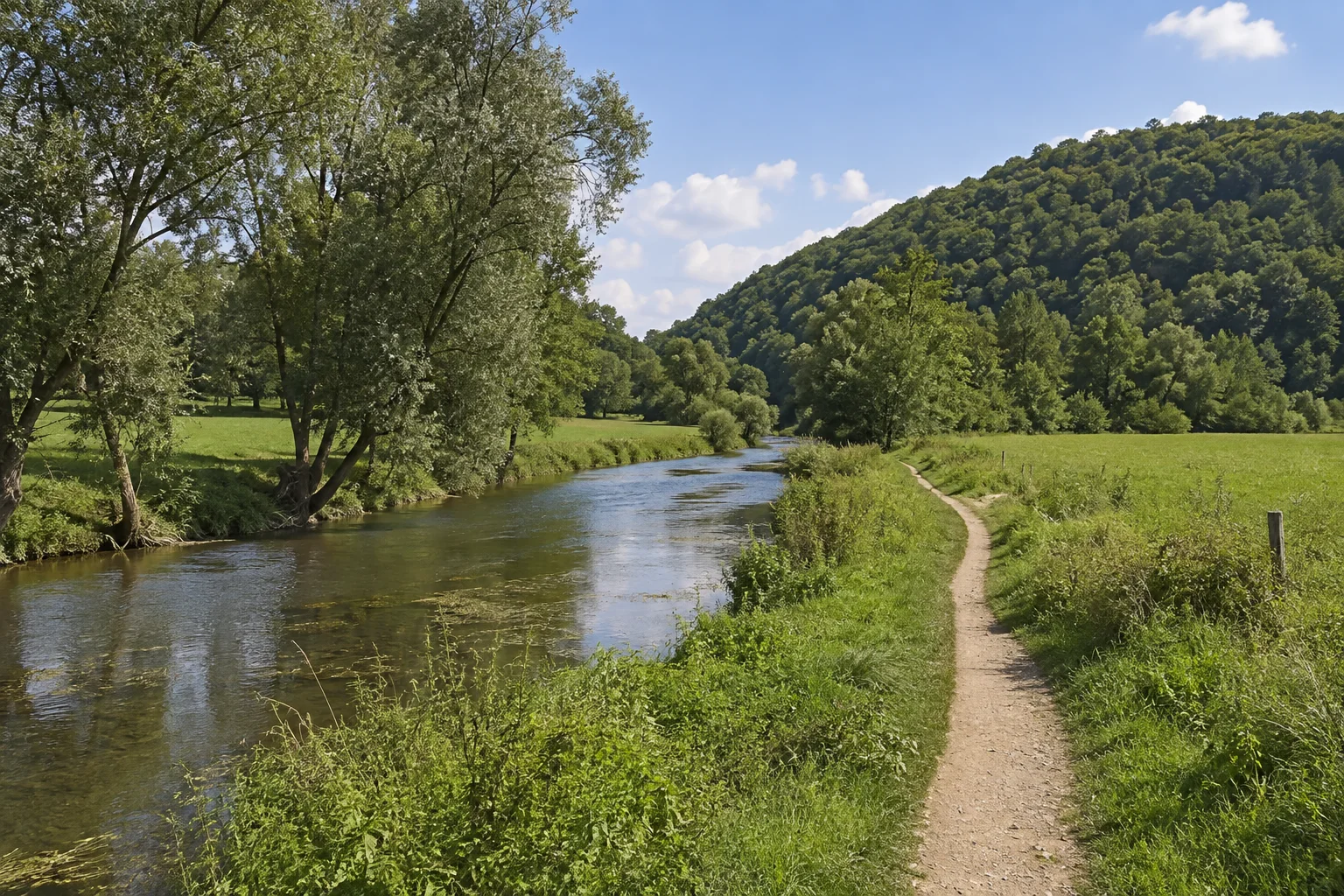 Rothenburg ob der Tauber: Rothenburg – Würzburger Tor: Taubertal bei Detwang: kleiner Fluss mit grünen Wiesen, Uferbäumen und rundlichen bewaldeten Hängen, regulärer Talweg.