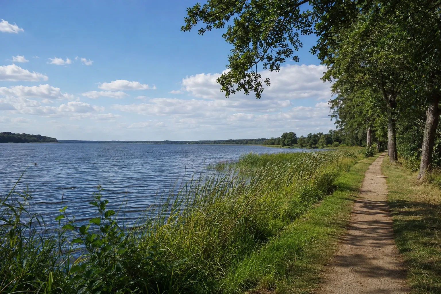 Ruppiner See: weiter langgestreckter See mit niedrigen Ufern, Schilf und einem landseitigen Spazierweg