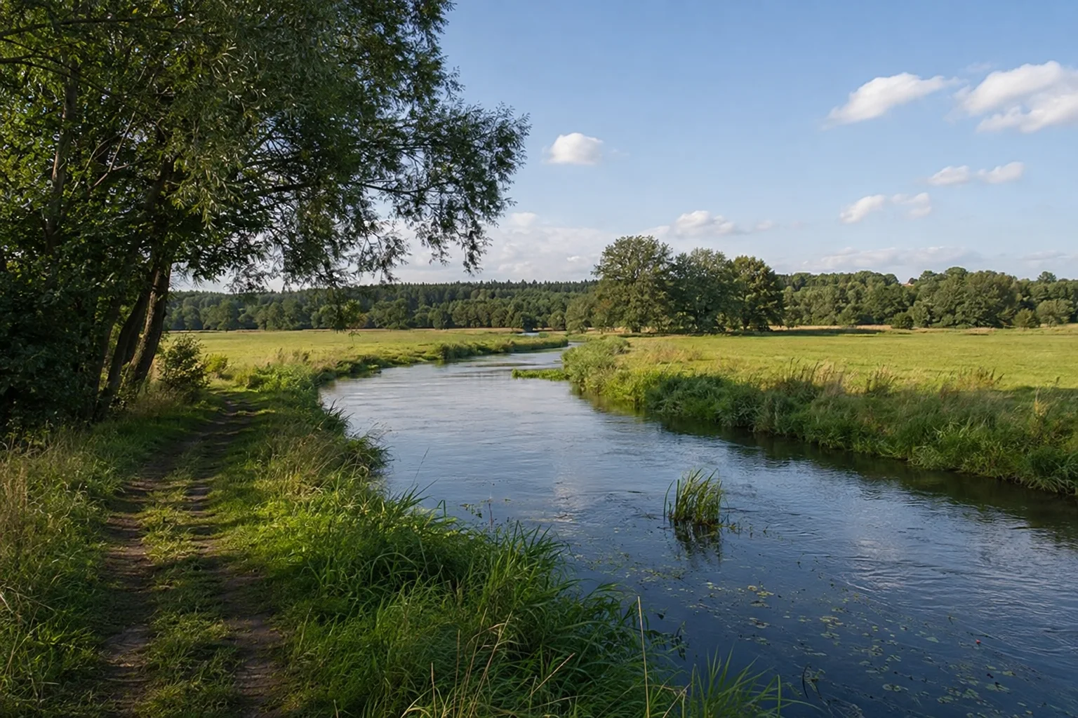 Zehdenicker Havelwiesen: schmaler ruhig fließender Fluss zwischen flachen grünen Wiesen und Weiden