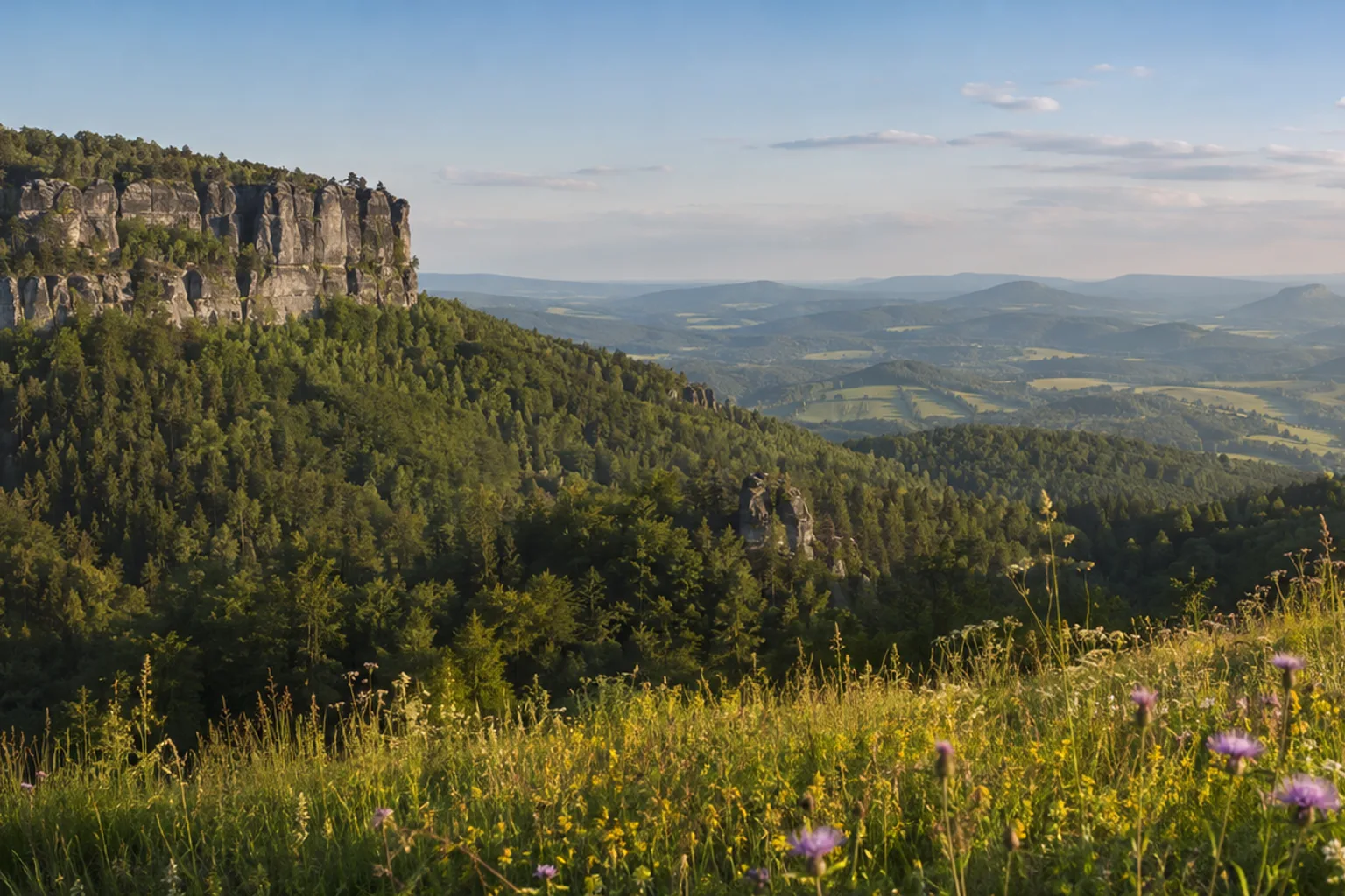 Sachsen: Sachsen: Sächsische Landschaften: bewaldete Mittelgebirge, offene Bergwiesen und Sandsteinfelsen in einem plausiblen sächsischen Panorama