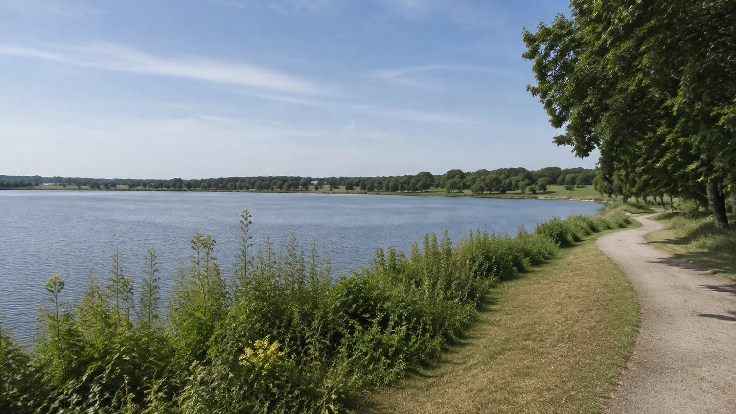 Salzgitter: Salzgittersee Stadtbad: Salzgittersee: breites ruhiges Gewässer mit grünen Ufern, flachem Spazierweg und niedriger ferner Bebauung