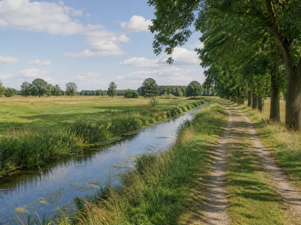Jeetzewiesen bei Dambeck: Offene flache Wiesen mit kleinem Fluss und Baumreihen an einem Dorfweg