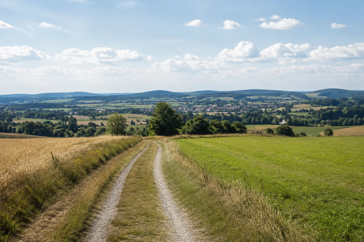 Hoof bei Sankt Wendel: offener Höhenweg über Felder und Wiesen, dörfliche Dächer weit entfernt unter rundlichen Hügeln.
