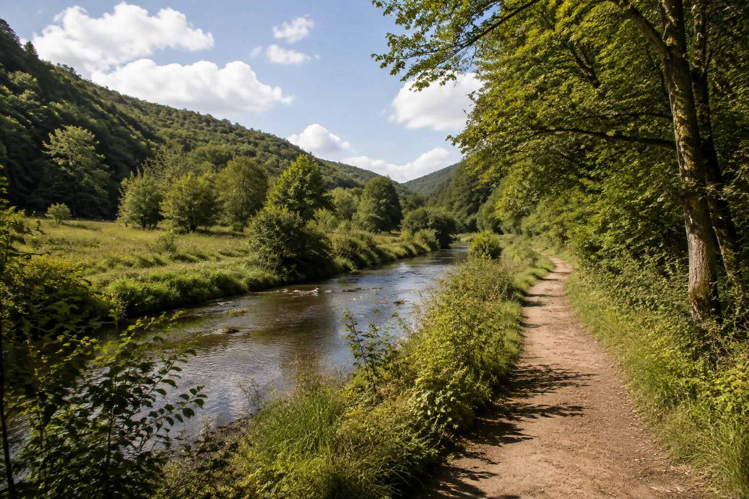 Obere Nahe bei Nohfelden: kleiner Fluss mit grüner Aue zwischen sanften bewaldeten Hängen, normaler Uferweg.