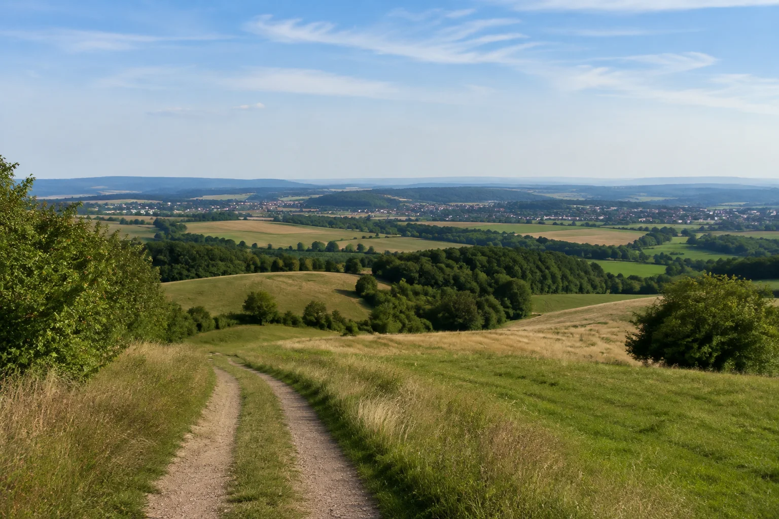 Sankt Wendeler Land: Sankt Wendeler Land: weiter Blick von einem Wiesenweg über offene grüne Hügel und verstreute Laubwaldinseln, kleine Dörfer in der Ferne.