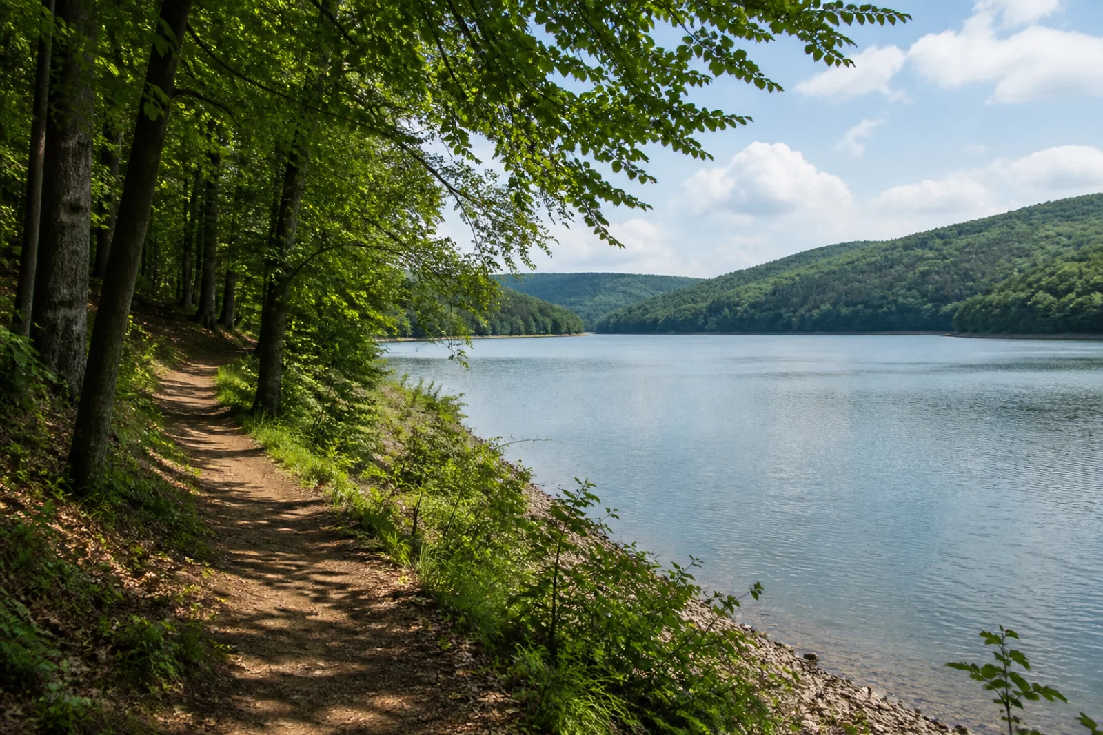Sauerland am Möhnesee mit schattigem Waldpfad und bewaldeten Uferhängen