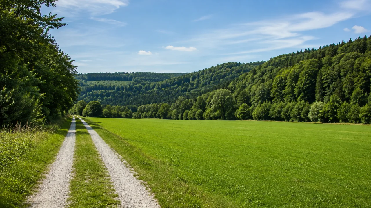 Schäftlarn: Hohenschäftlarn Bahnhof: Isartal bei Kloster Schäftlarn: breite grüne Talwiesen zwischen bewaldeten Terrassenhängen, ebener Feldweg ohne erfundene Klosterbauten