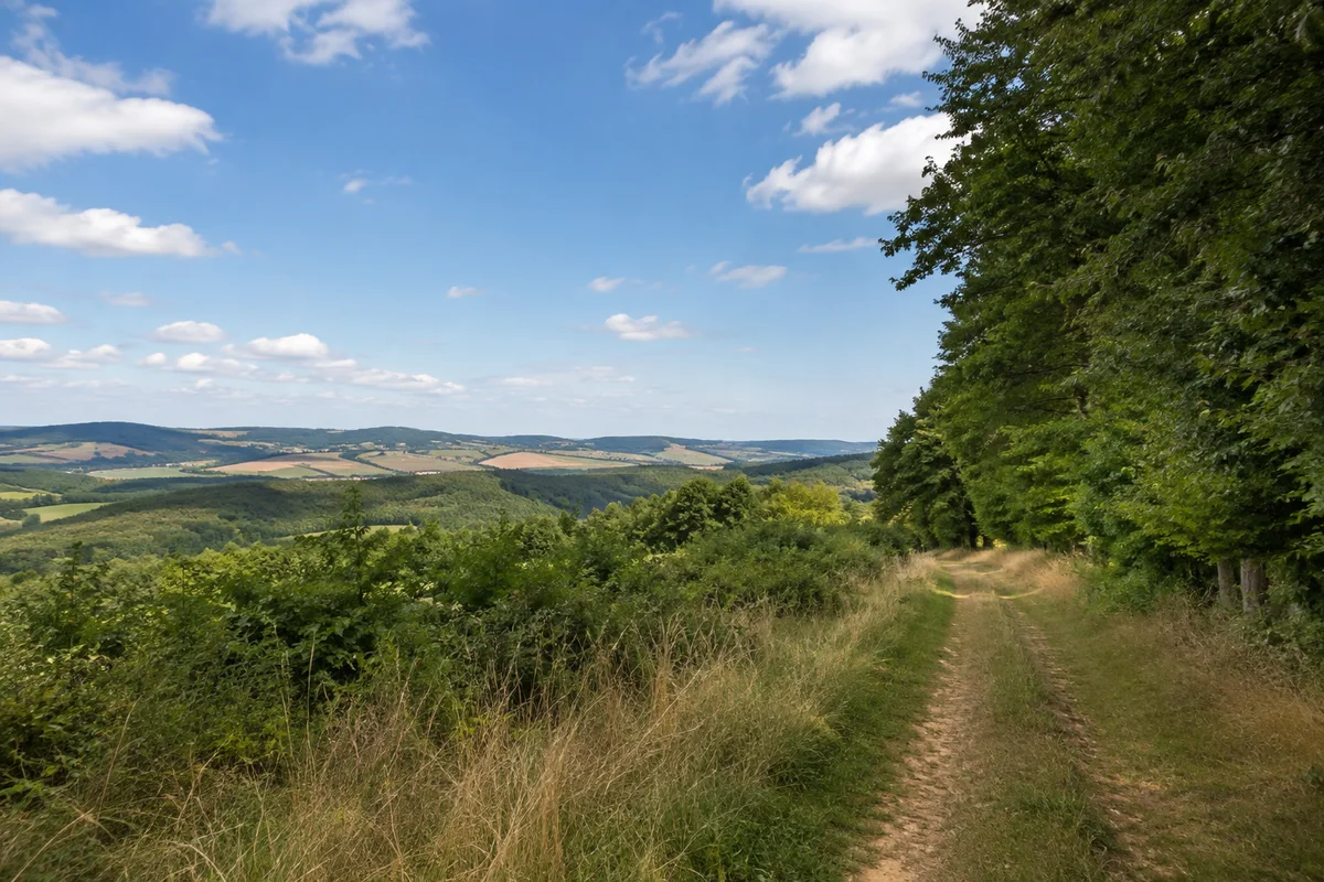 Elmshagen: Höhenfeldweg am Buchenwaldrand mit weitem Blick über das hessische Hügelland