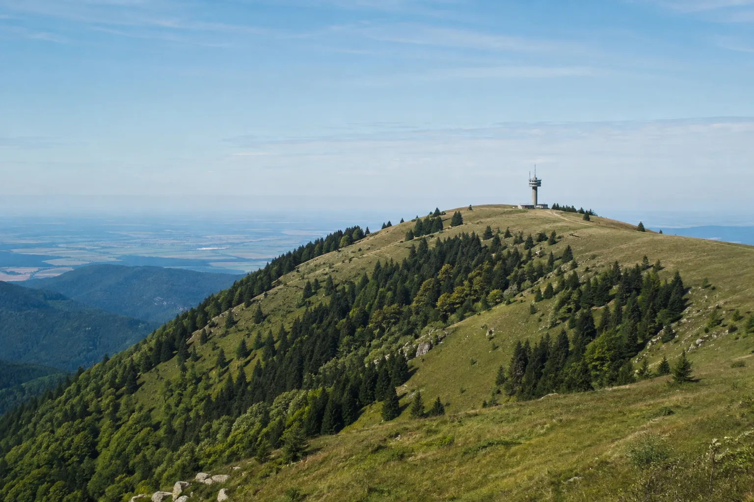 Schauinsland: Schauinsland Bergstation: Schauinsland: offene Gipfelwiesen über Freiburg mit Blick in die Rheinebene