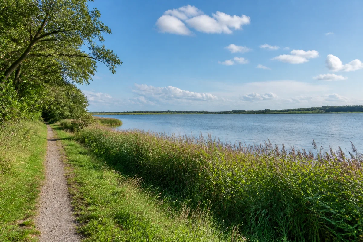 Schleswig: Schleswiger Schleiufer: Stadtnaher grüner Uferweg an breiter ruhiger Schlei mit Schilf und niedrigem gegenüberliegendem Ufer