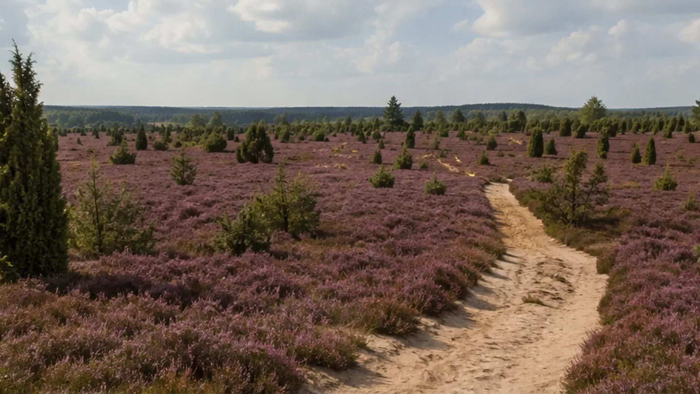 Schneverdingen: Schneverdingen: Schneverdinger Heide: weite Heideblüte mit Wacholdern und Sandweg