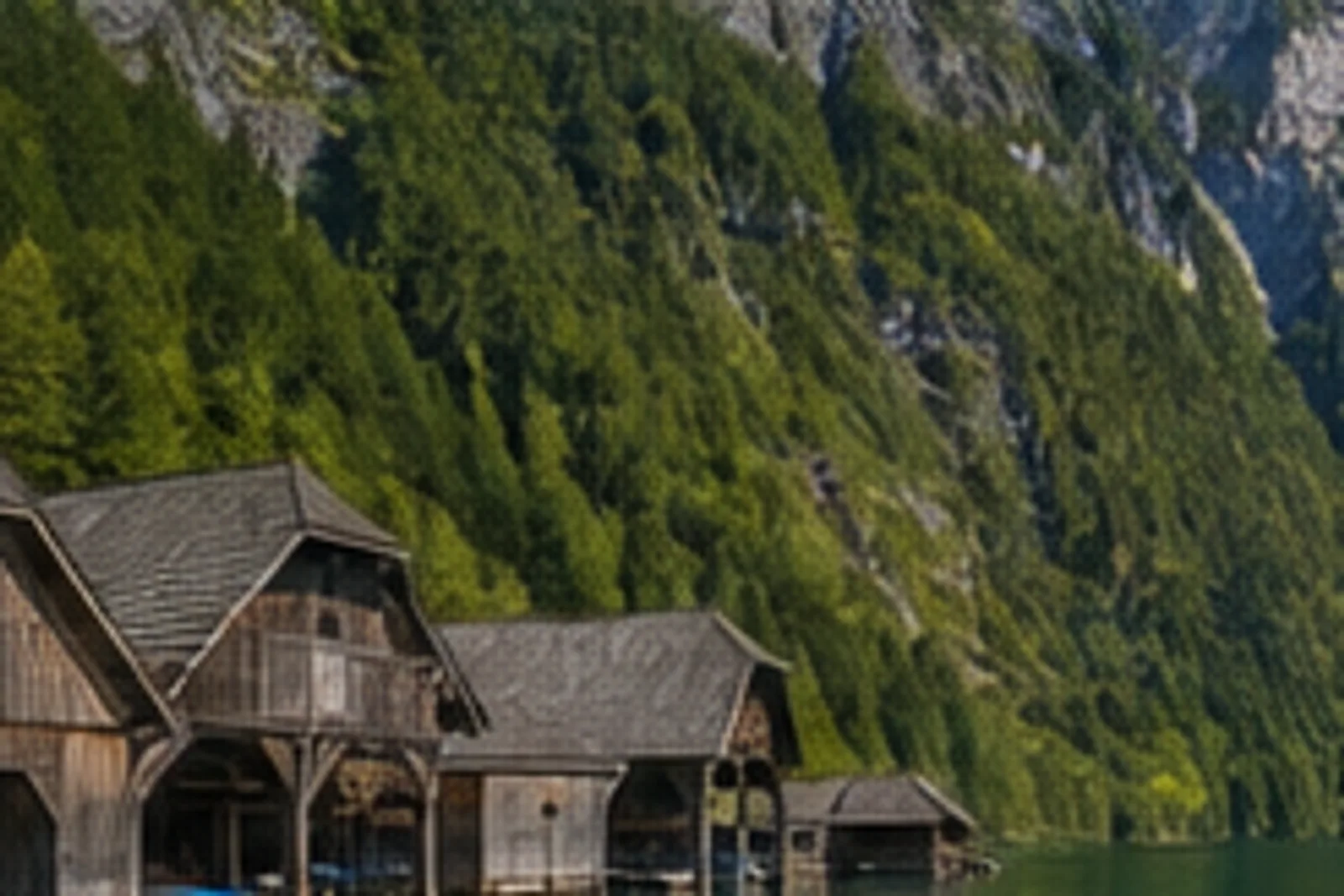 Seelände Königssee: Bootshäuser am smaragdgrünen Alpensee