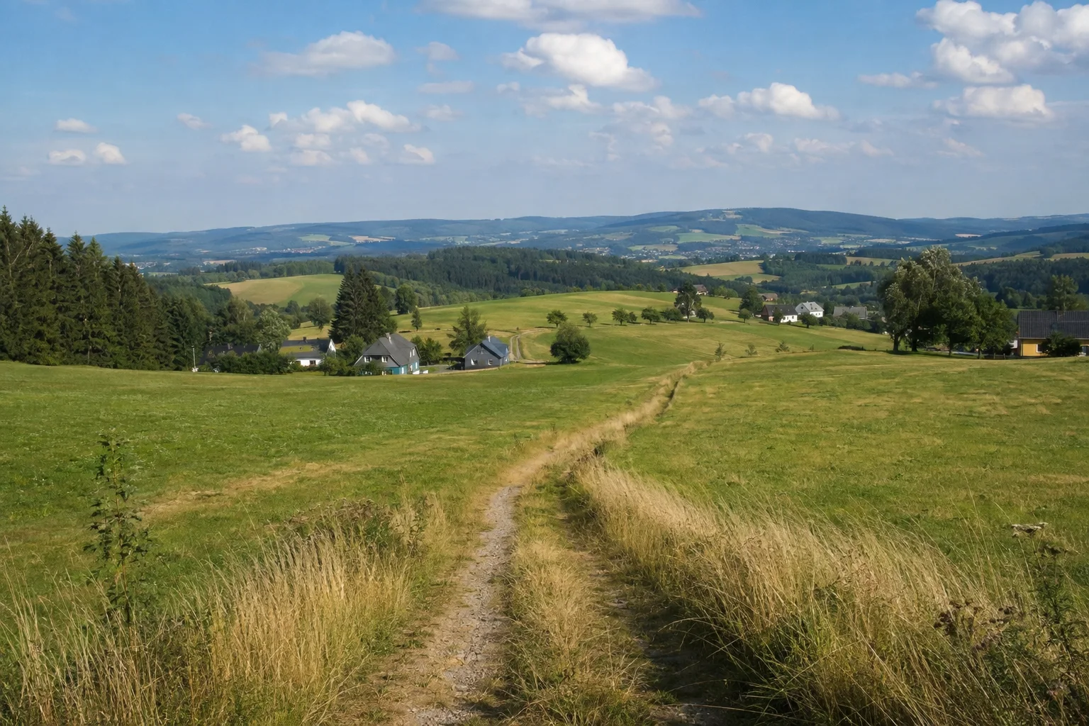 Arnoldsgrüner Felder: schmaler Feldweg über sanfte offene Höhen mit verstreuten Dorfhäusern