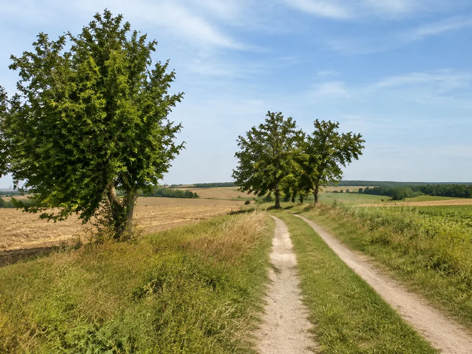 Helle Feldwege bei Hoiersdorf mit Grünstreifen und kleinen Baumgruppen in weiter Bördelandschaft
