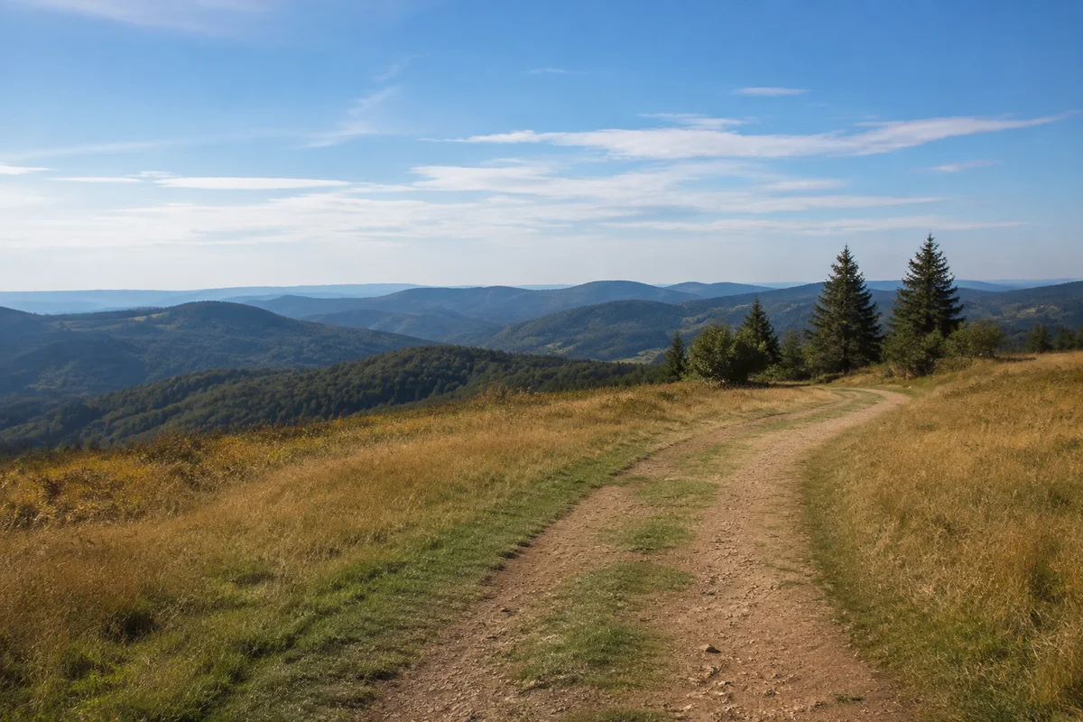 Westliche Passhöhe mit offenen Wiesen und weitem Blick über die Waldhöhen.